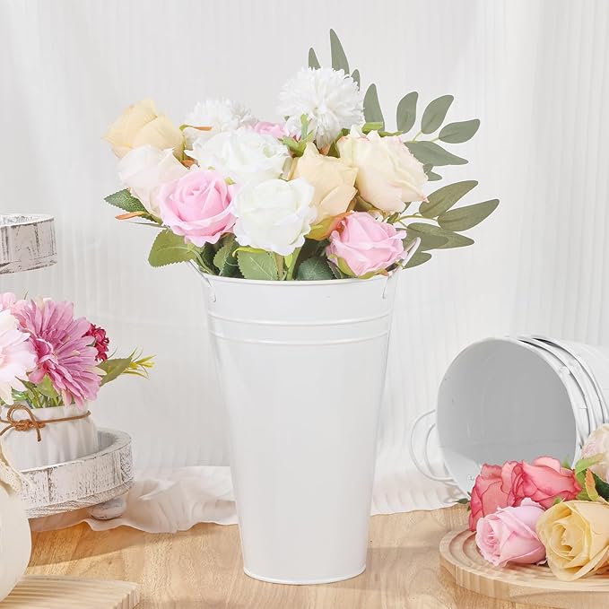 Flower Bucket for Flower Bar, 6 Pcs 10.2 Inch Metal Vases with Handles, Leak-Proof White French Buckets for Valentine's Day, edding Centerpieces, Baby Shower, Mother's Day, Farmhouse Rustic Home Decor