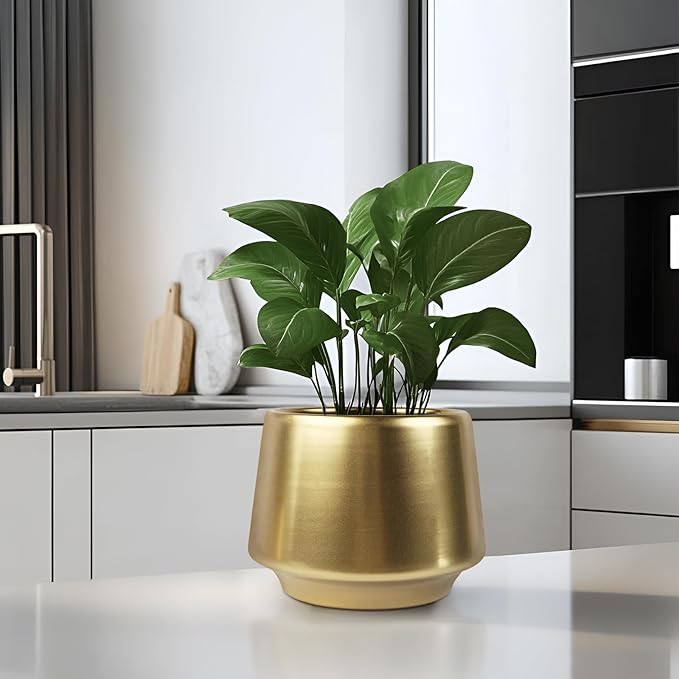 Gold Indoor Plant Pot 7 Inch Large Ceramic Planter With Drainage Hole - Modern Brass Flower Pot Centerpiece Vase - Decorative Greenery Potted for Indoor Plants