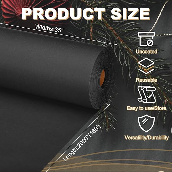 PATIKIL Wrapping Paper, 35"x2000"(160') Bulletin Board Paper Roll Kraft Paper Roll Construction 80GSM for Shipping Packing Gift Wrapping Craft Flower Bouquet Christmas, Black