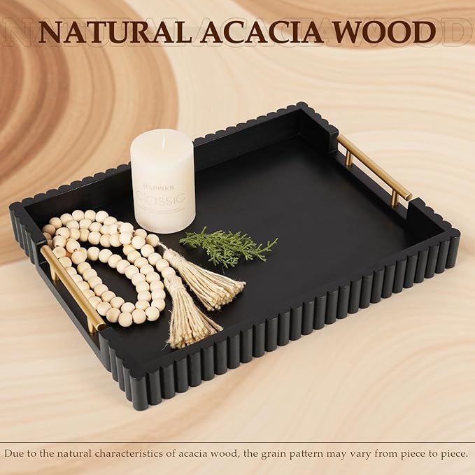Acacia Wood Decorative Serving Tray with Handles, 16.7" x 12.8" Large Wooden Ottoman Tray for Living Room, Coffee Table Tray Decor for Food, Dinner, Tea or Breakfast in Bed (Black)