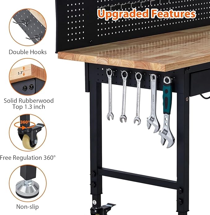 TrailBlaze 60"x 22" Workbench with Drawer Storage, Heavy Duty Workstation with Backplate & Light Strip, Multipurpose Rubber Wood Shop Table with Power Outlets, Hooks -2000LBS Load Capacity