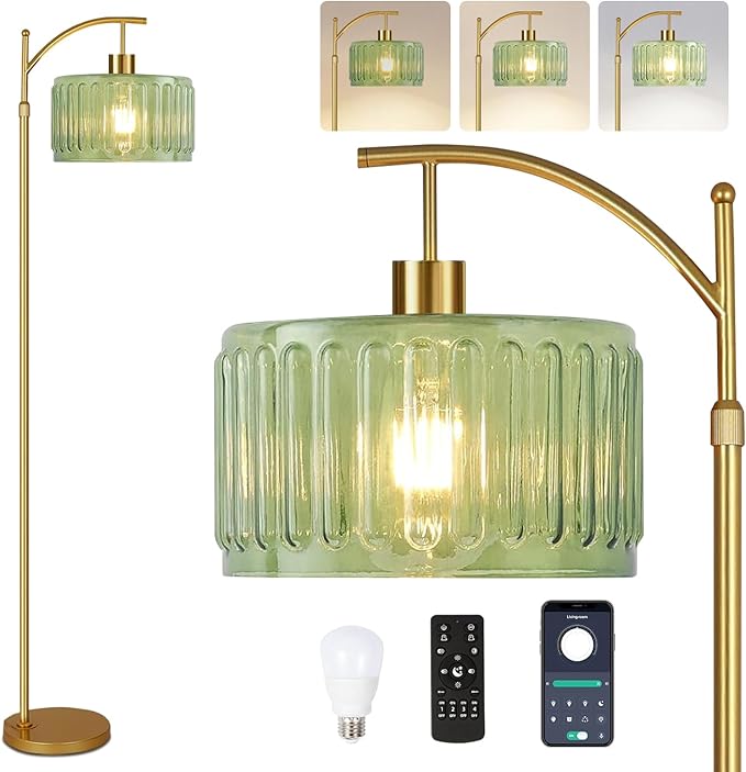QIYIZM Glass Floor Lamp for Living Room,Bedroom,Gold Dimmable Standing Lamp with Remote,Mid Century Modern Brass Tall Lamp Boho Vintage Retro Floor Lamps Arc Green Flower Floor Light Lamp Bohemian