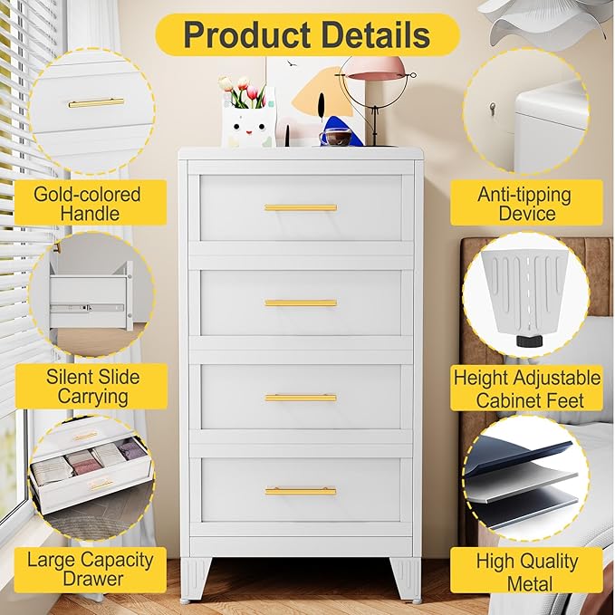 4 Drawers Tall White Dresser for Bedroom, 44.45" Metal Dressers & Chests of Drawers Curved Corner Design, Storage Organizer Drawer Chest with Large Capacity for Living Room, Entryway, Hallway