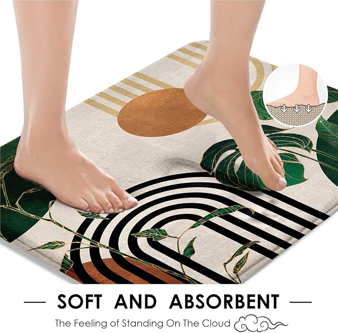 Green Boho Mid Century Shower Curtain Set with Toilet Lid Cover and Non-Slip Rugs, Abstract Retro Tropical 4 Pcs Modern Minimalist Vintage Shower Curtain for Bathroom Set with 12 Hooks