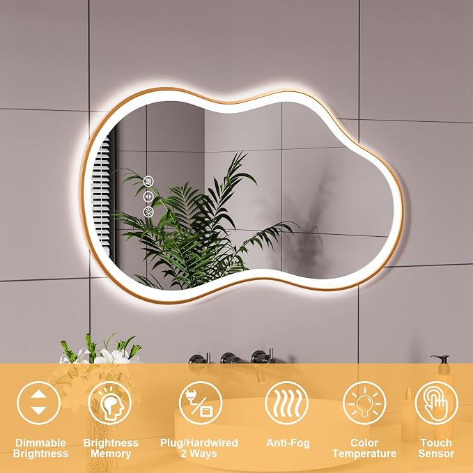 WTTY LED Irregular Bathroom Mirror 26x46 Inch with Front & Back Lights - Asymmetrical Design, Anti-Fog, Dimmable 3 Color Temperatures, Shatterproof Glass, Horizontal or Vertical Mount (Gold Frame)
