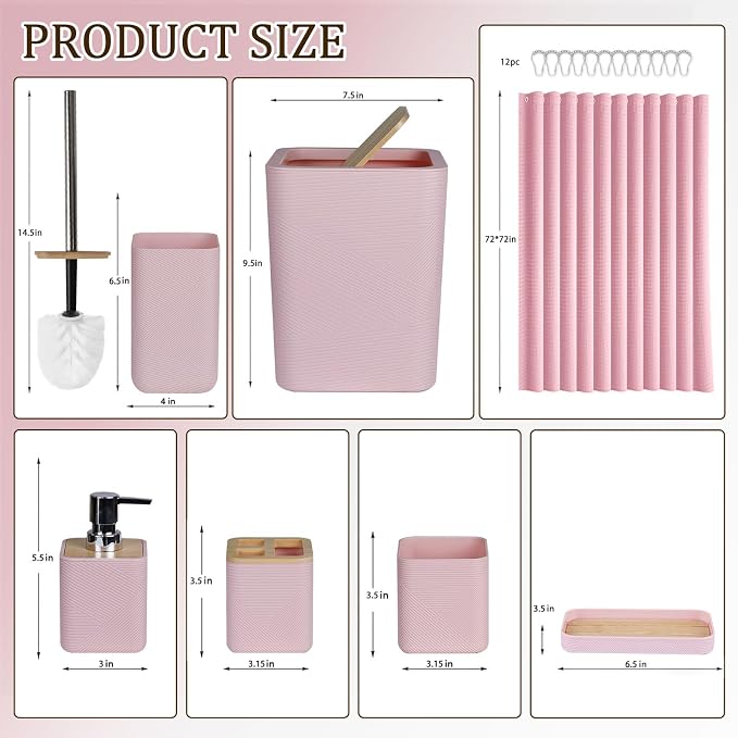 CERBIOR Bathroom Accessory Set with Shower Curtain, Includes Shower Curtain,Soap Dispenser, Toothbrush Holder, Toothbrush Cup, Soap Dish for Decorative Countertop and Housewarming Gift,Pink,20PC