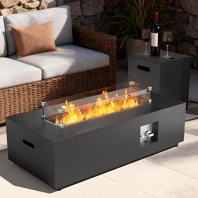 2-Piece 42" Rectangular Propane Fire Pit for Outside Patio with Hidden Tank Table, 50,000 BTU Fireplaces with Glass Wind Guard, Lid, Glass Rocks, Cover(Black)