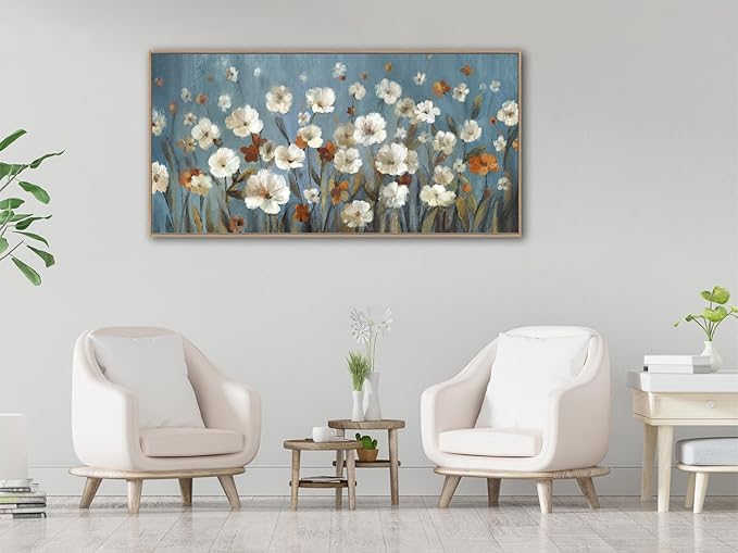 VEAEE Wildflowers Canvas Wall Art, Daisy Flowers Canvas Pictures,Abstract Orange White Floral Blossom Landscape Painting for Living Room Bedroom Kitchen Dining Room Home Office Decor 29"x58"
