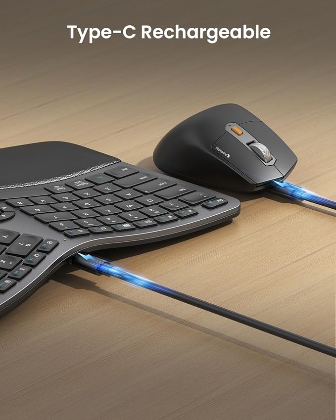 ProtoArc Ergonomic Keyboard Mouse, EKM01 Plus Full Size Wireless Bluetooth Ergo Keyboard Mouse Combo, Cushioned Palm Rest, Split Design, Rechargeable, Compatible for Windows, Mac OS - Gray and Black