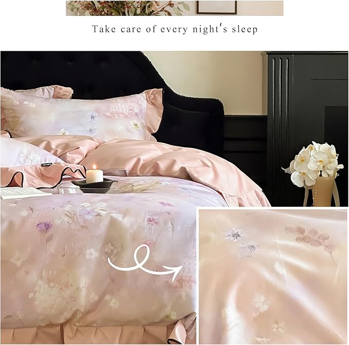 HighBuy Pink Ruffle Duvet Cover Set King Chic Brushed Cotton Floral Bedding Set,Vintage Ruffled Super Soft Comforter Cover,Comfortable Chic Lightweight - 1 Duvet Cover with 2 Pillowcase