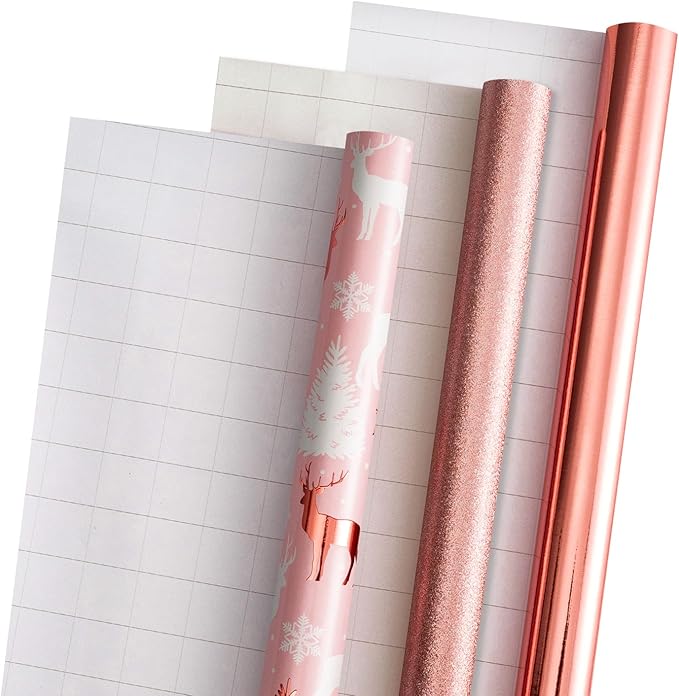 LeZakaa Rose Gold Christmas Wrapping Paper Mini Roll, Glitter Foil Matte and Reindeer Snowflake Design Holiday Gift Wrap, Arts Craft, for Xmas Winter Party, 17 x 120 inches, 3 Rolls