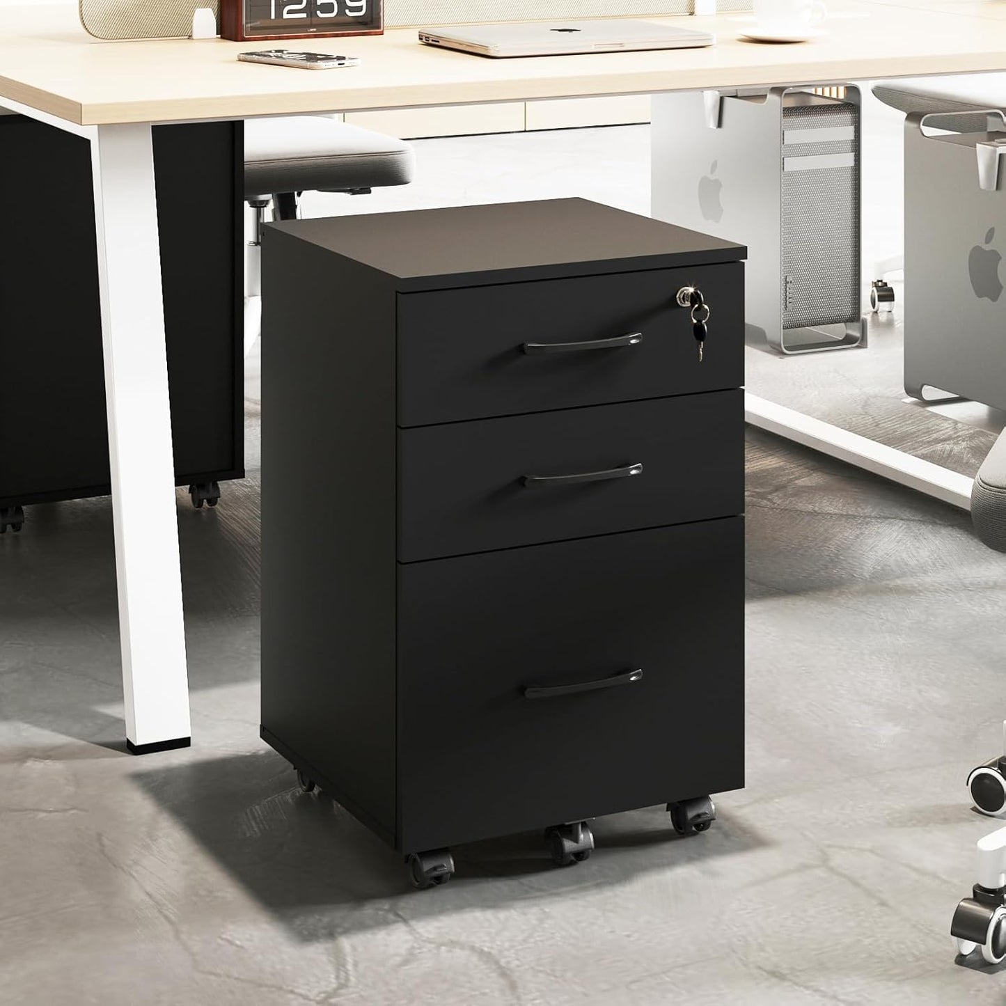 Skiennix File Cabinet - 3 Drawer Rolling Wood Storage with Lock for Home Office - Black, Fits Letter/A4 Size