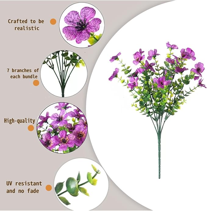 SHIAWASENA Realistic Outdoor Fake Plants Flowers, Artificial Flowers, UV Resistant, 12 Bundles Faux Silk Colorful Violet Flowers Bouquet with Eucalyptus (Rose Red & Purple)
