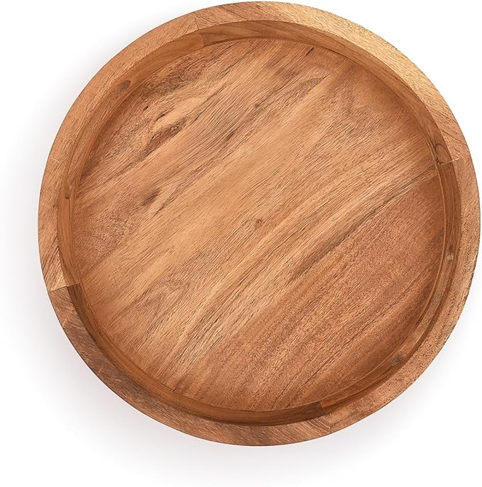 Samhita Round Serving Acacia Wooden Tray with Handles for Serving Beverages & Food on Bar Living Room Home Dining Table (12" x 12" x 1.6")
