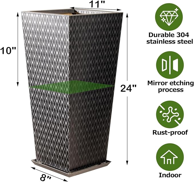 Luxury Stainless Steel Black Taper Tall Planter Box Set of 2 with Mirror Etching No Coating 24”H Top 11” Bottom 8”,Decrative Pot Indoor, Modern Décor for Home,Office,Tall Plants,Trees,Flowers