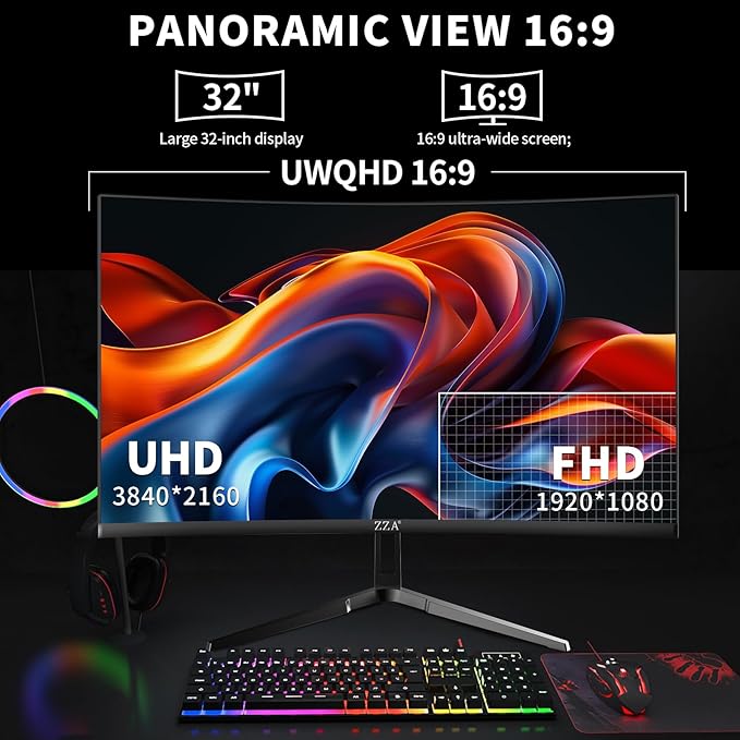 ZZA 32 Inch Gaming Monitor 160HZ,Curved Monitor 4k UHD(3840 * 2160P) VA Screen, 1500R Curved, Computer Moniter, Supports AMD Freesync, 120% sRGB, Built-in Wall Mountable Installs(HDMI 2.1/DP 1.4)