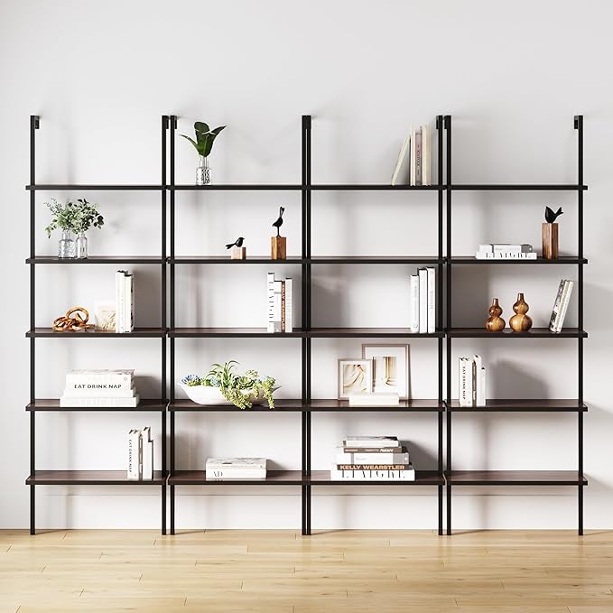 Nathan James Theo 5-Shelf Wood Modern Bookcase, Open Wall Mount Ladder Bookshelf with Industrial Metal Frame, Walnut Brown/Black, Set of 4
