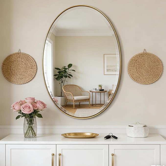 POZINO Brushed Gold Beveled Mirror, 24"x36" Brass Oval Mirrors, Bathroom Mirror for Over Sink, Modern Rounded Vanity Wall Mirrors in Premium Stainless Steel Frame, Hangs Horizontal Or Vertical