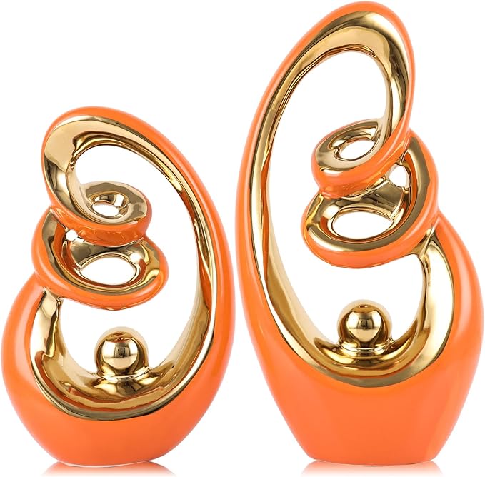 Orange Ceramic Abstract Sculpture Statue,Mid Century Modern Gold Accent Decor,Porcelain Statues Art Deco Gold Show Piece for Home - Contemporary Tv Stand End Table Centerpieces (Orange Gold)