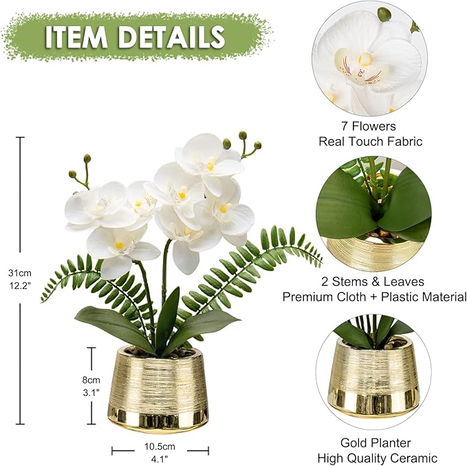 Oairse White Orchids Artificial Flowers in Gold Pot Faux Phaleanopsis Orchid Bonsia Fake Orchid Centerpiece for Dining Room