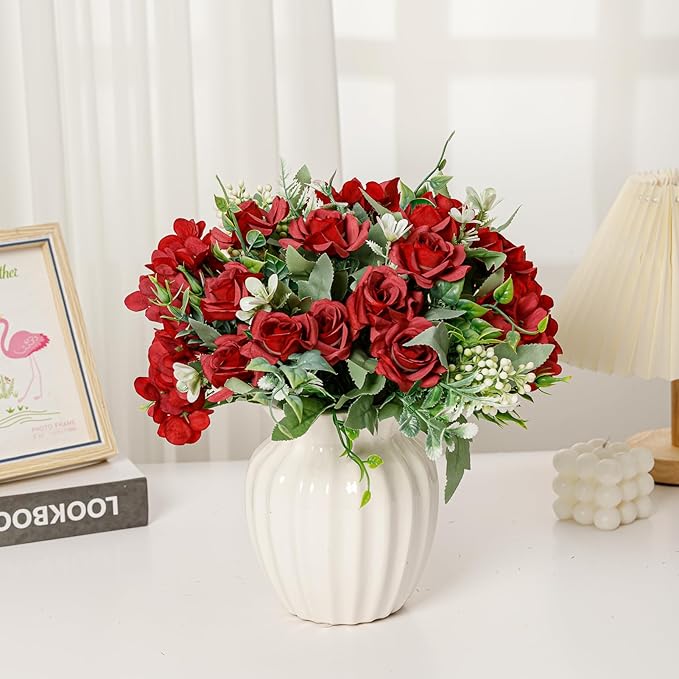 Artificial Flower 5 Branches Artificial Silk Fake Flowers Bouquet Small Roses for Wedding Home Office Tables Decor 4 Packs(Red)
