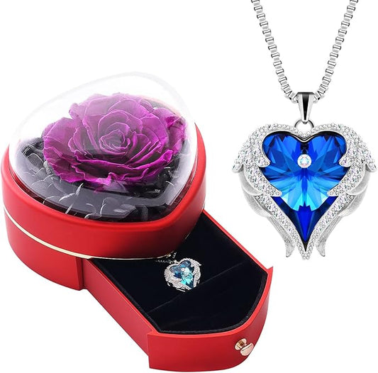 Preserved Real Rose with Heart Necklace Gift Set for Women. Romantic Gifts for Girlfriend Mom on Christmas.Forever Rose Gifts for Mom Grandma on Mothers Day. Birthday Gifts for Women.