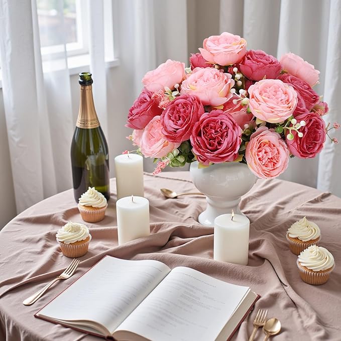 8 Pack Pink, Dark Pink Peonies Artificial Flowers, Fake Silk Hydrangea Bouquet for Bridal Wedding Home Table Decor Reusable Dining Opening Ceremony Birthday Arrangement Faux Floral