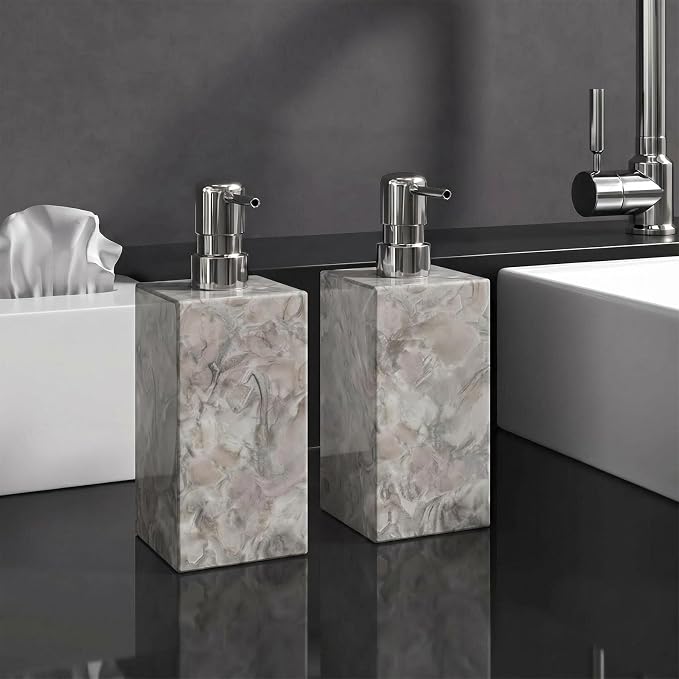 2 Set Real Natural Marble Soap Dispenser with Stainless Steel Pump – Decorative Liquid Hand Soap Bottle for Kitchen & Bathroom, Compatible with Lotion, Dish Soap & Shower Gel (Grey)
