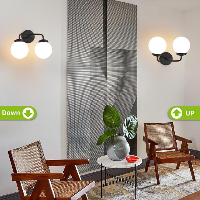 Black Bathroom Light Fixtures Over Mirror, Modern Vanity Lighting with Milk White Glass Globe Shades 2-Light Farmhouse Wall Sconce