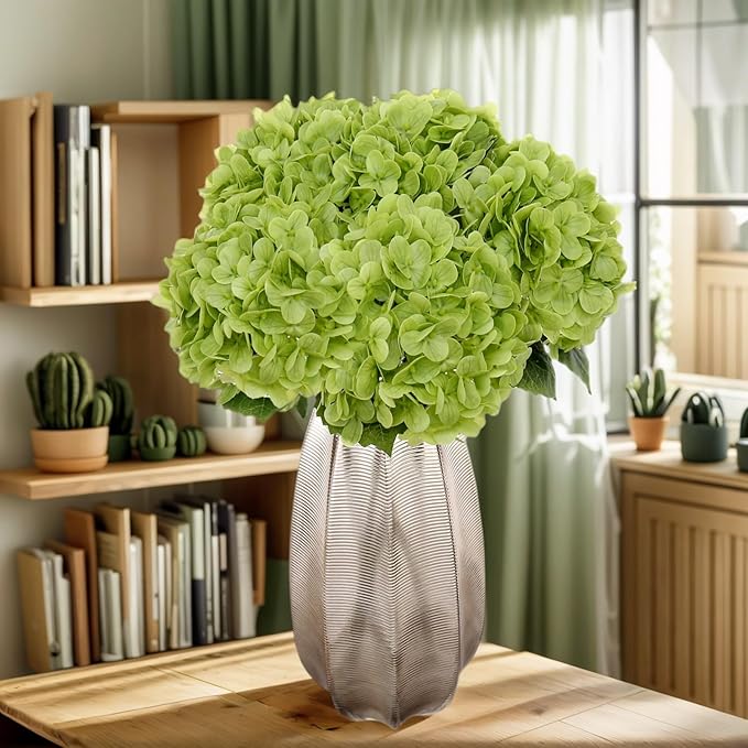 Kimura's Cabin 5Pcs 21inch Real Touch Artificial Hydrangea Flowers Lifelike Latex Hydrangeas Long Stem with Leaves Hydrangea Bouquet for Home Wedding Baby Shower Birthday Party Decoration （Green）