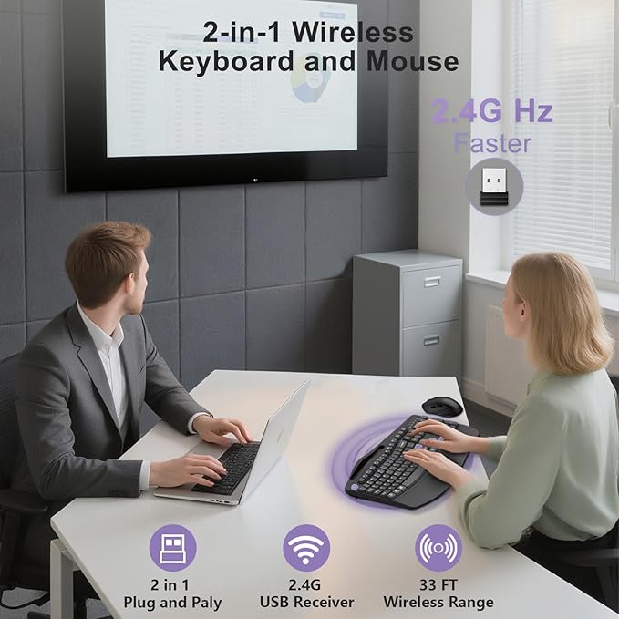 Wireless Keyboard and Mouse Combo, 2.4G Full Size Wave Keys Ergonomic Keyboard with Wrist Rest, Phone Holder, 3-Level DPI Wireless Silent Mouse with 6-Buttons, for Windows, Mac OS (Purple Black)