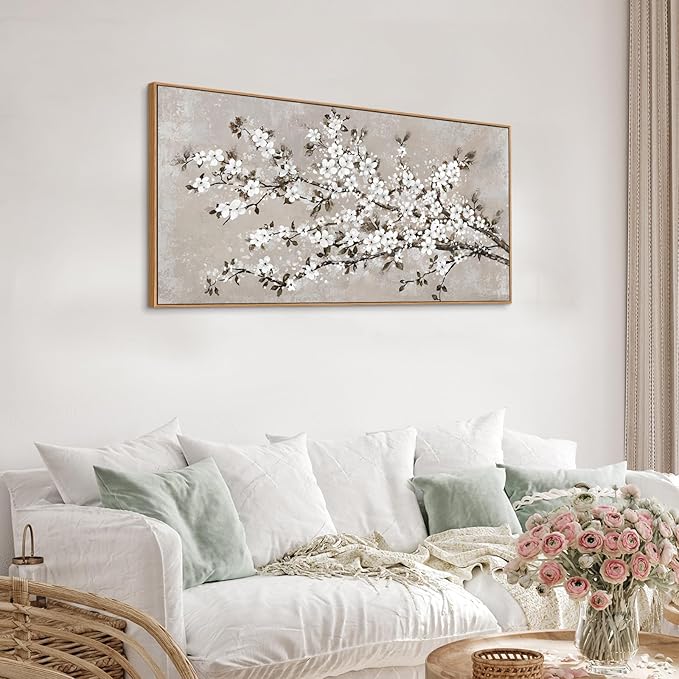 VEAEE White Blossom Branches Wall Art, Floral Canvas Prints, Living Room Decor Abstract Flowers Painting Canvas Pictues, Contemporary Artwork Bedroom Office Kitchen Wall Decor Ready to Hang 20"x40"