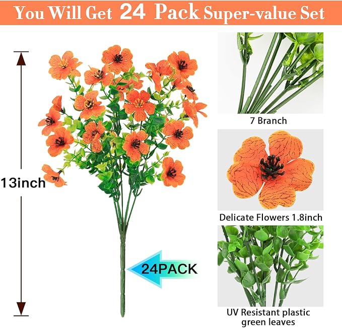 24 Bundles Fall Flowers Artificial for Halloween Decoration Outdoors, Fake Plants Autumn, Mums Daisy Eucalyptus Realistic UV Resistant for Garden Patio Porch Home Decor, Orange