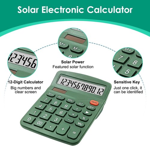 12 Digits Desktop Calculator - Large LCD Display, Dual Solar Power & Battery | Dark Green