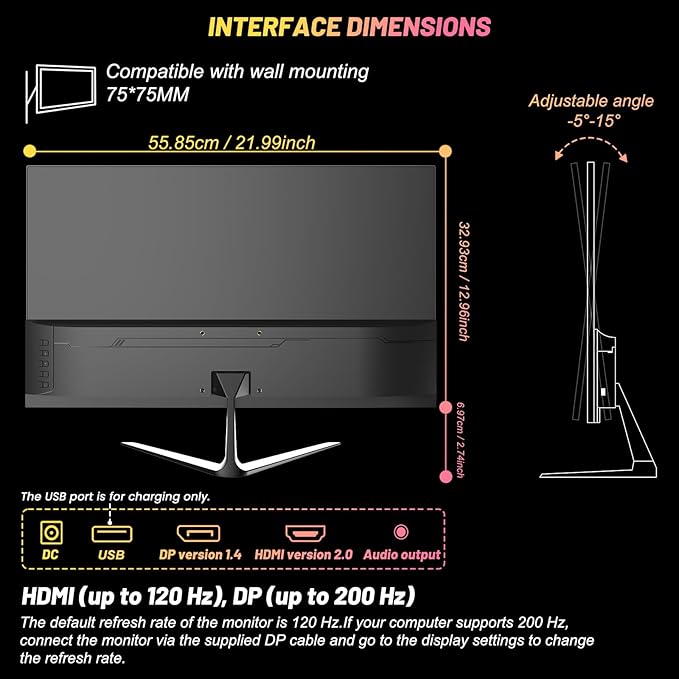 LXZ Gaming Monitor 24.5 inch, 200hz Monitor FHD 1080P Frameless IPS Display with Eye Care, DP/HDMI, Wall Mount Compatible - Black