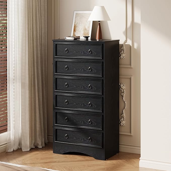 6 Drawer Dresser Tall, 52" Tall Black Dresser for Bedroom, Chest of Drawers, Large Storage Organizer for Clothes, Grey Vintage, for Living Room, Bedroom, Hallway