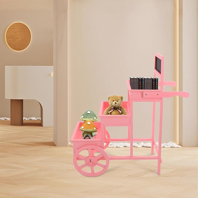 Flower Display Stand | 3-Tier Wood Flower Cart | Flower Cart Display Stand with Wheels | Ladder Shaped Plant stand | Market flower display Stand | Handle & Blackboard (Pink)