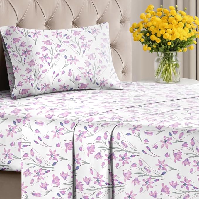 Floral Sheets - Pink Floral Bed Sheet Set - 1 Flat & 1 Fitted & 1 Pillowcase w/ Deep Pockets - Comfy, Wrinkle & Fade Free - Boho Botanical Bedding - Ultra-Soft, Breathable & Cooling - Twin XL Size Set