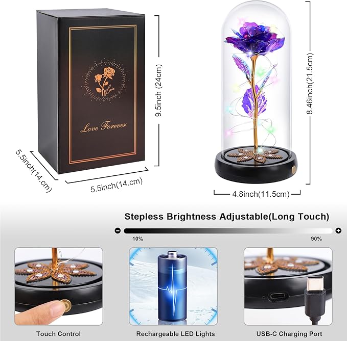 Beferr Birthday Gifts for Women Mom Rechargeable Galaxy Glass Roses Forever Preserved Flowers for Delivery Prime Smart Touch Light Up Rose in Dome Gift for Grandma Sister Wife Her Girlfriends Daughter