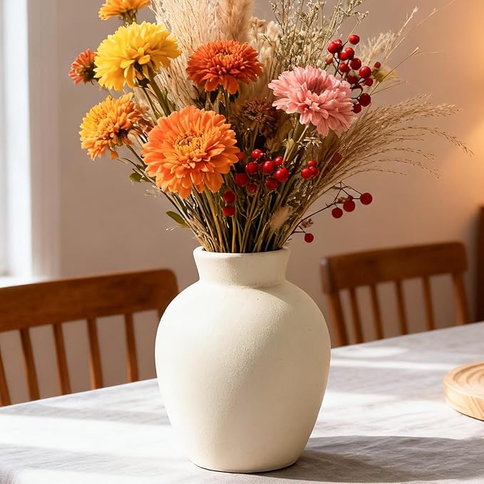Ceramic Decorative Flower Vase | 6 Inch Pottery Rustic Farmhouse | Boho | Whitewashed Terracotta Vase for Home Decor, Table, Living Room, Bathroom, Shelf, Mantel Decoration, Terra, White