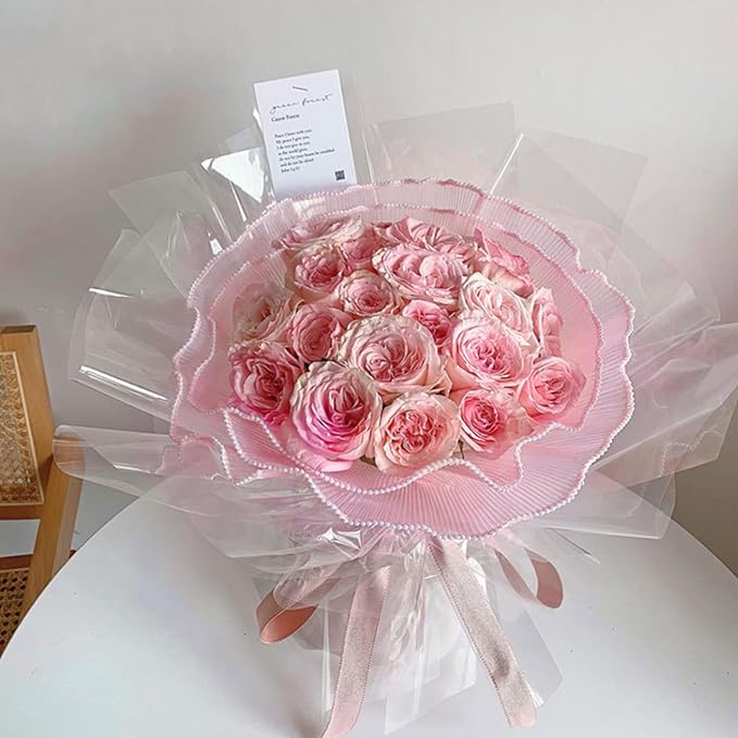 KIMOBER 4.3 Yards Pink Flower Wrapping Mesh Paper,Pearl Edge Wrinkled Wavy Net Yarn Flower Wrapping Mesh Paper for Valentine's Day Mother's Day Wedding Florist Supplies(Pink)