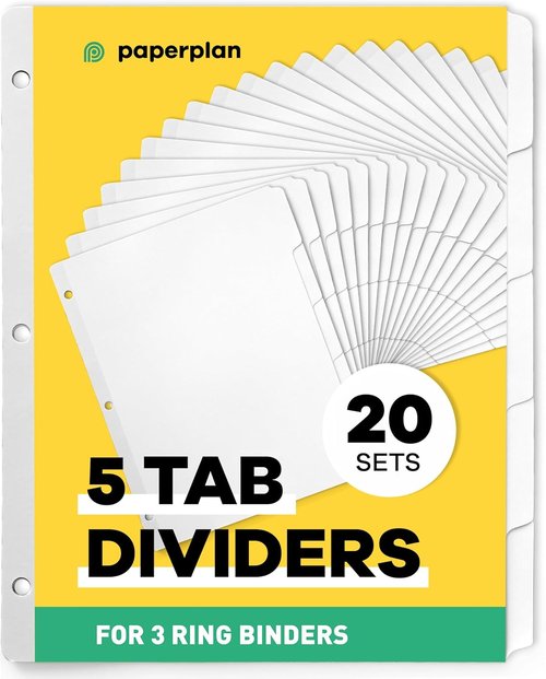 Binder Dividers with Tabs by [Brand Name] - Set of 20 Reinforced 5-Tab Dividers for 3-Ring Binders, White - Keep Documents Organized