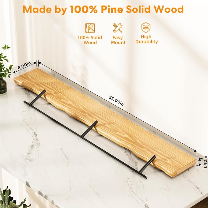 Solid Wood Live Edge Floating Shelves Set of 1 – 55" Rustic Wall Shelf with Hidden Bracket System, Wall Mounted Shelves for Bathroom, Kitchen, Living Room, Bedroom (Natural)