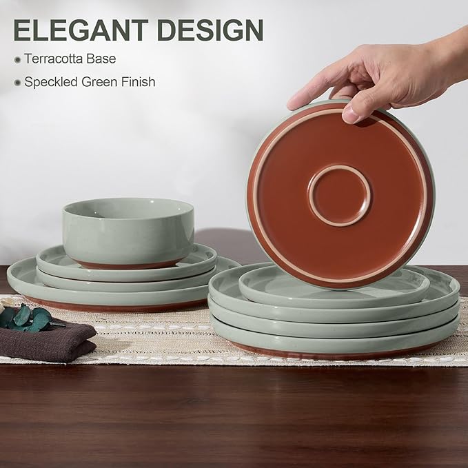E-far 6-Piece Stoneware Dinnerware Sets, Plates and Bowls Sets for 2, Ceramic Dishware Dishes Set with Terracotta Base, Chip & Scratch Resistant, Microwave & Dishwasher Safe, Speckled Green