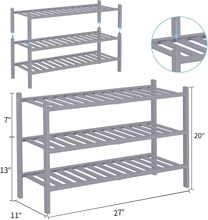 RONGJlA 2 Tier Bamboo Shoe Rack for Closet Free Standing Wood Shoe Shelf Storage Organizer for Entryway Small Space Stackable, Grey