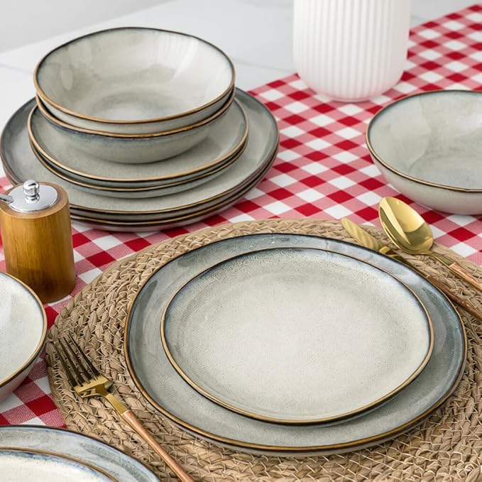 AmorArc Ceramic Dinnerware Sets,Handmade Reactive Glaze Stoneware Plates and Bowls Sets,Highly Scratch Resistant | Dishwasher & Microwave Safe Dishes Set,Service for 4 (12pc)