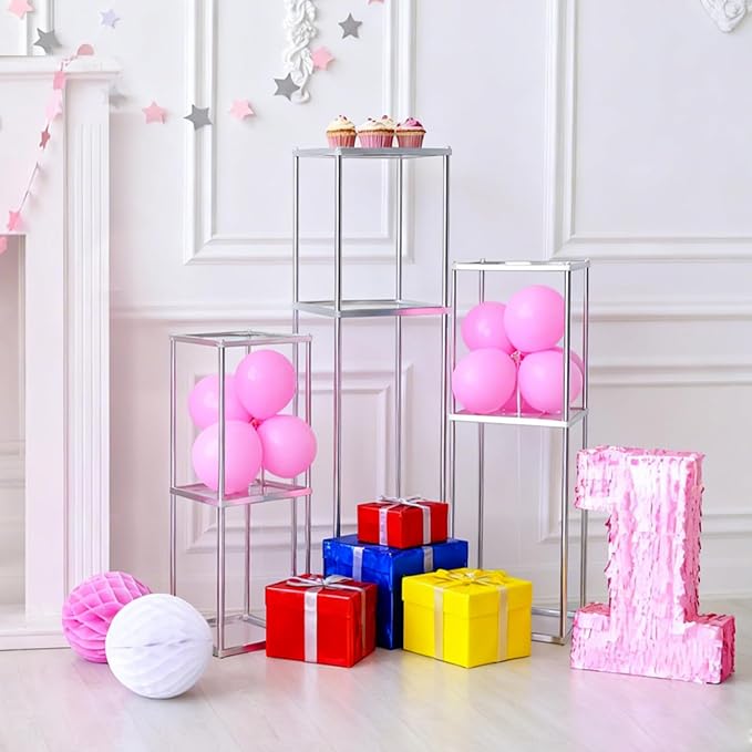 2-Tier Metal Flower Stand Set with Acrylic Shelves, Geometric Display Rack for Wedding Centerpieces, Party Decor, Tall Floor Vase Stand (Silver, Set of 3-36.8"/32.9"/25")
