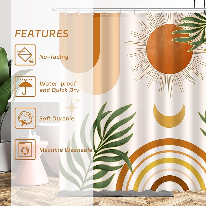 JWXCBIM Boho Mid Century Shower Curtain, Bohemian Orange Minimalist Simple Aesthetic Modern Bathroom Decor, Spring Summer Colorful Rainbow Sun Moon Botanical Fabric Cloth Bath Curtain 72x72 Inches