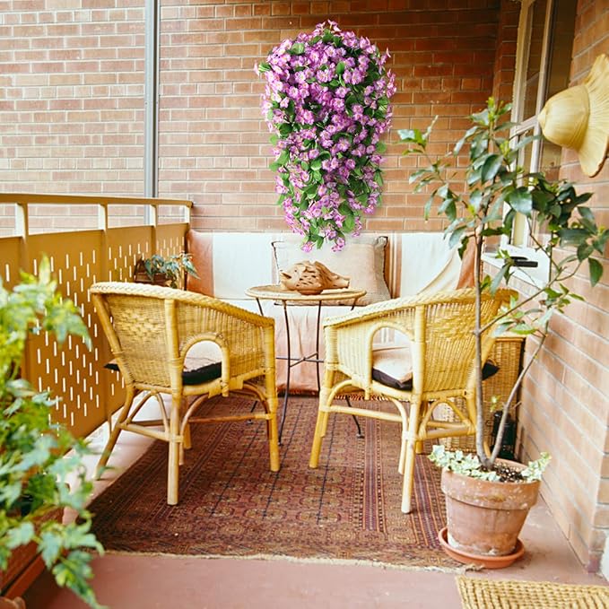Artificial Fake Hanging Flowers Plants for Outdoor Spring Decoration, 2PCS Faux Silk Violet UV Resistant Look Real Trailing Vines for Outside Home Planter Porch Patio(Violet)
