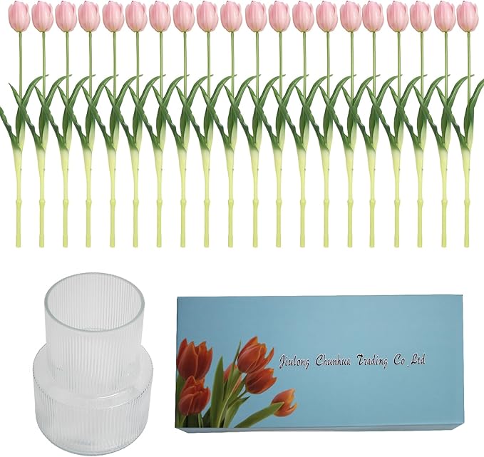 20 Artificial Tulips in Fluted Glass Vase, Waterproof Faux Flowers Bouquet for Wedding Home Office Decor, Table Centerpiece, Housewarming Birthday Gift Set (Pink)